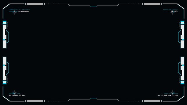 Modern minimal HUD frame background offers black copy space with clean futuristic border lines, tech corner marks, simple interface titles, gaming overlays, software demos, cyber screens