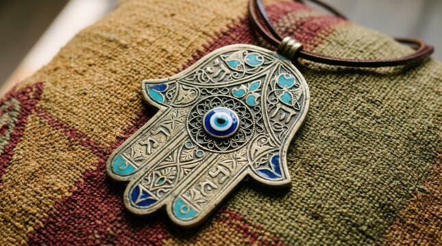 Hamsa hand amulet necklace with evil eye symbol on textured fabric