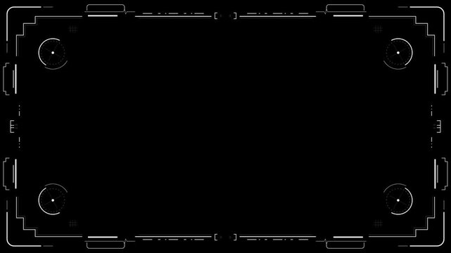 Abstract minimal HUD frame background offers black copy space with clean futuristic border lines, tech corner marks, simple interface titles, gaming overlays, software demos, cyber screens, digital