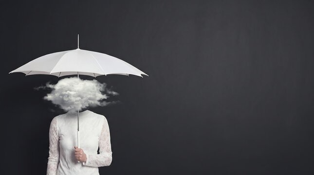 Conceptual image of woman with cloud for head holding white umbrella