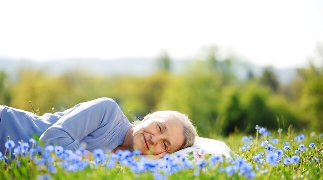 Happy Senior Woman Relaxing in Flower Field