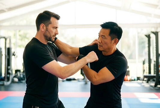 Self defense training and martial arts practice, two men sparring in a gym for fitness and personal protection