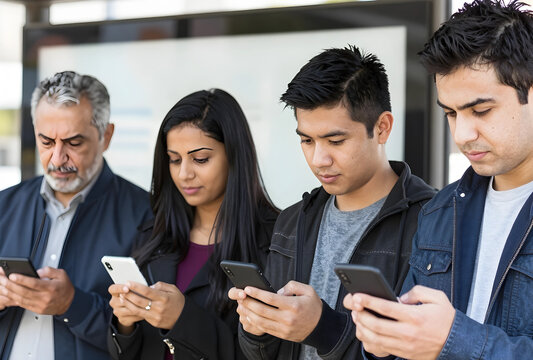 Digital addiction and social media use, diverse group of people focused on their smartphones outdoors