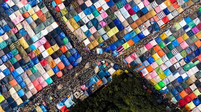 Aerial view of the massive Bishwa Ijtema gathering with countless colorful tents and crowds of people in Tongi, Dhaka Division, Bangladesh.