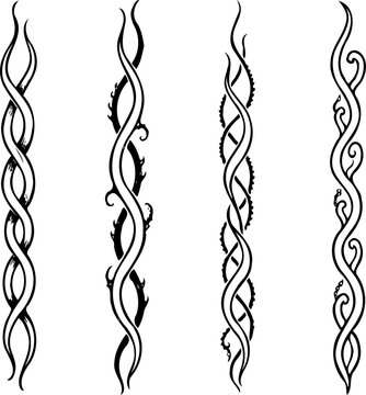 Set of silhouettes borders. Twisted Decorative Elements. Tentacle Swirls Black and white illustration. Ornamental Hand drawn doodle. Intertwined, Spiral motifs Scribble Line. 
