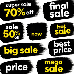Fototapeta premium Set of black, yellow discount labels. Various sale stickers with text like super sale, final sale, big sale, best price. Brush stroke style badges for promo offers, retail marketing, seasonal