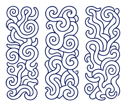 Set of silhouettes borders. Twisted Decorative Elements. Tentacle Swirls Black and white illustration. Ornamental Hand drawn doodle. Intertwined, Spiral motifs Scribble Line. 
