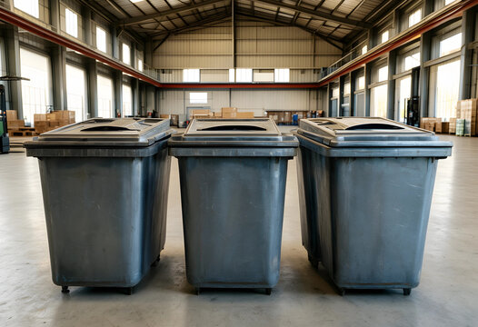 Waste management and recycling solutions, three industrial trash cans in a large warehouse or factory setting
