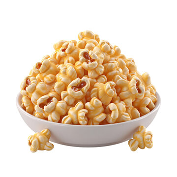 Luscious caramel popcorn in white ceramic bowl with golden butter glaze and appetizing kernels isolated on transparent background for recipe design