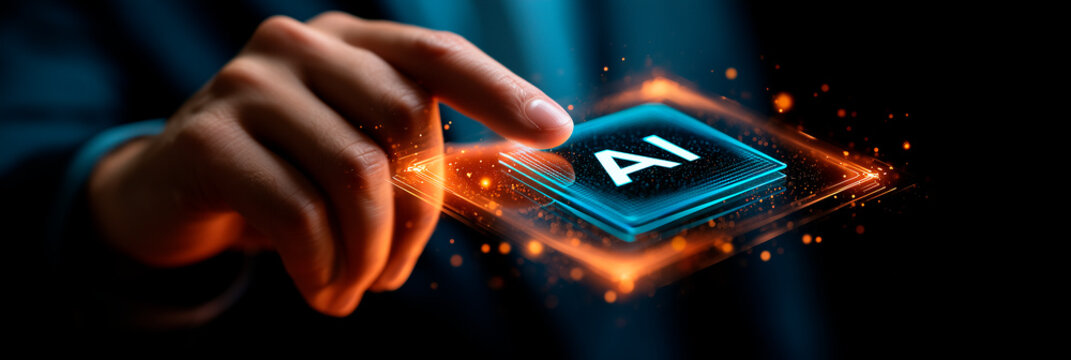 Businessman Touching Artificial Intelligence Digital Chip Icon with Hologram Effect