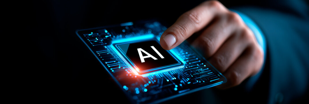 Businessman Touching Artificial Intelligence Digital Chip Icon with Hologram Effect