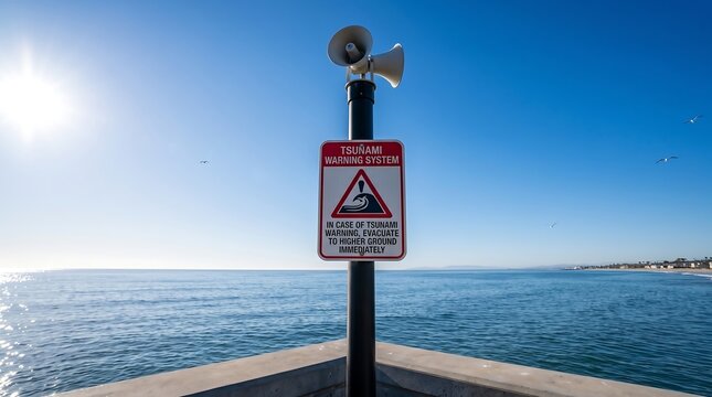 Tsunami Warning System Sign with Sirens on a Sunny Pier