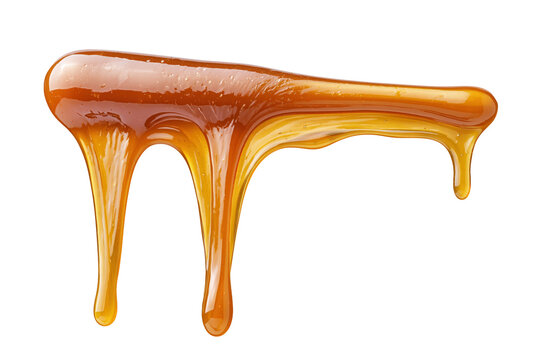 Lustrous caramel thread stretched with synchronized dripping pair and deep burnished amber surface isolated on transparent background for luxury brand imagery