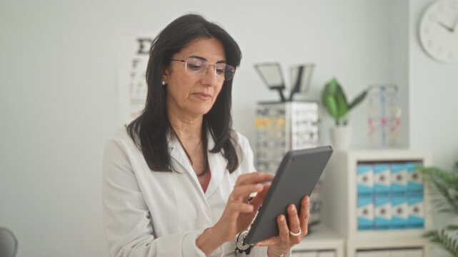 Woman optician tapping tablet while reviewing eyeglasses in an optical building; calm professional consultation.