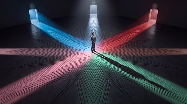 Businessman Standing at Crossroads Choosing Strategic Future Direction