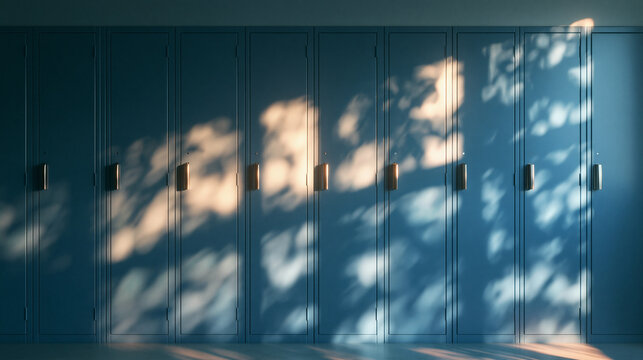 Row of Blue Lockers in Sunlight with Tree Shadows