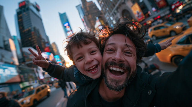 Excited Father and Son Taking Selfie on City Vacation