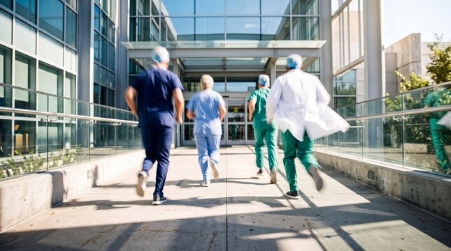 Medical Team Running Towards Hospital Entrance During Emergency