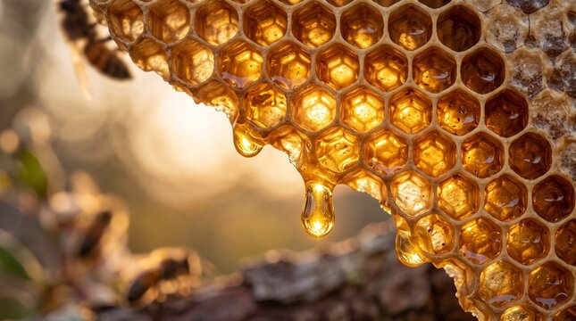 Fresh Honey Dripping from Raw Honeycomb Outdoors