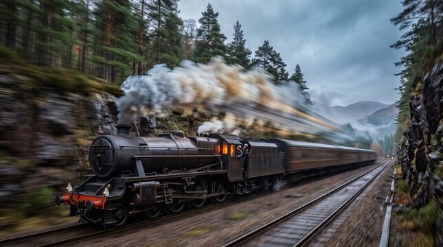 Vintage Steam Train Speeding Along Railway Through Forest