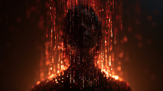 Futuristic AI Human Silhouette with Red Digital Data Rain