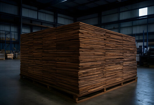 Wood industry and timber production, large stack of wooden planks on a pallet in a dark warehouse