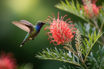 Naklejka premium Small hummingbird flies near red grevillea flower. Tiny bird with green feathers hovers mid air to drink nectar from blossom. Wildlife macro shot of colorful avian animal feeding in tropical garden