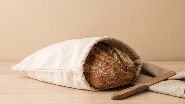 Artisan sourdough bread loaf inside a reusable linen canvas bag with a light beige background