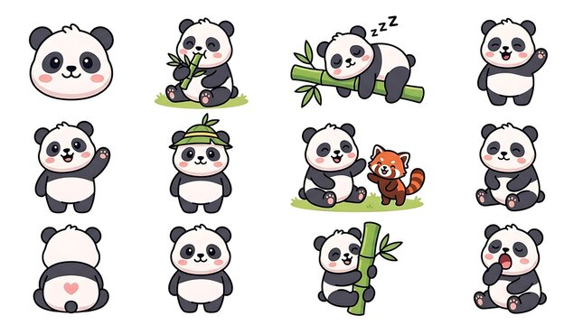Set of cute panda bear cartoon characters showing various emotions and actions on a plain white background with various poses