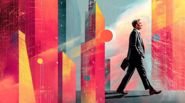 Man Strides Through Futuristic Cityscape, Ambition and Progress