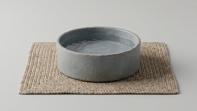 Minimalist grey stone bowl filled with water resting on a woven jute mat against a light grey background