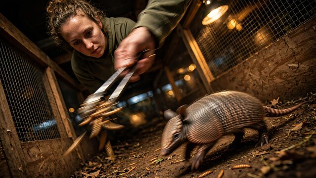 A Caucasian female zookeeper feeding a nine-banded armadillo (Dasypus novemcinctus) with metal tongs, offering mealworms inside a wooden enclosure at an animal rescue center