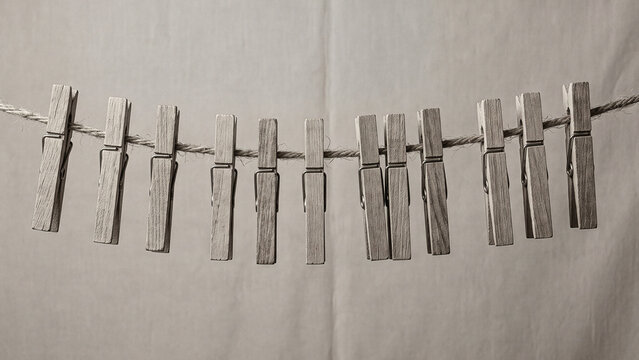 Wooden clothespins hanging on a twine clothesline against a light fabric background