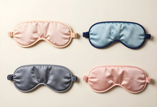 Sleep hygiene and relaxation, four silk eye masks for better sleep and wellness on a neutral background