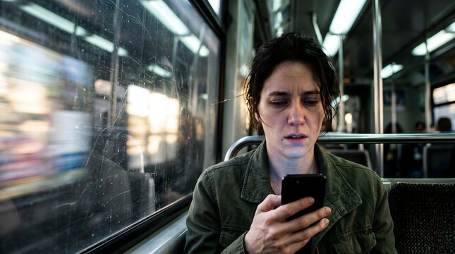 Anxious young woman reading bad news on smartphone while riding moving public transit subway train.