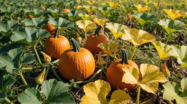 Orange pumpkins grow in farm field with green, yellow leaves. Seasonal vegetable crop matures on ground in autumn garden. Organic squash plants spread across rural patch under sunlight during harvest