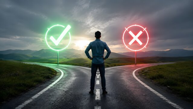 Businessman standing at a crossroads facing glowing neon green checkmark and red cross signs indicating correct and incorrect life paths