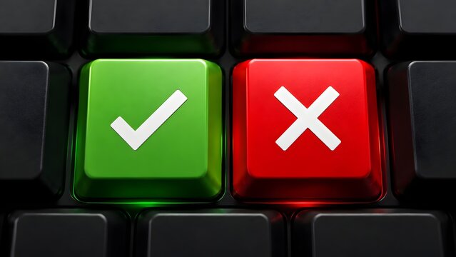 Computer keyboard with green checkmark and red cross keys for accept or reject decision making and online validation concepts