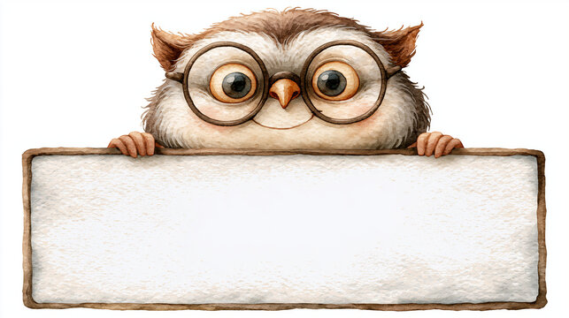 Cute cartoon owl with glasses peeking over blank text banner with back to school concept on white background