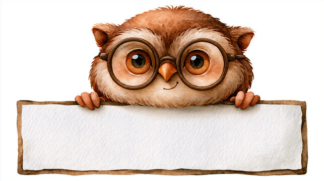 Cute cartoon brown owl with glasses peeking over blank text banner with back to school concept