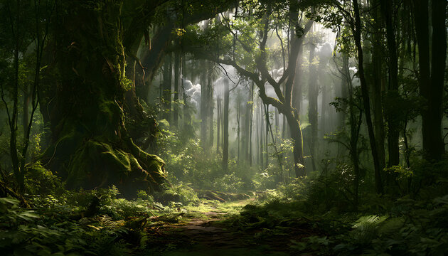 a enchanting atmosphere crafted from a seamless blend of natural elements such as a lush forest, mysterious hidden pathways, and ethereal clouds that enhance the woods' mystique