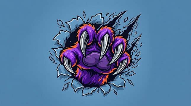 Illustration of a purple furry animal paw with sharp claws ripping through a blue surface with metallic claws tears surface bold graphic
