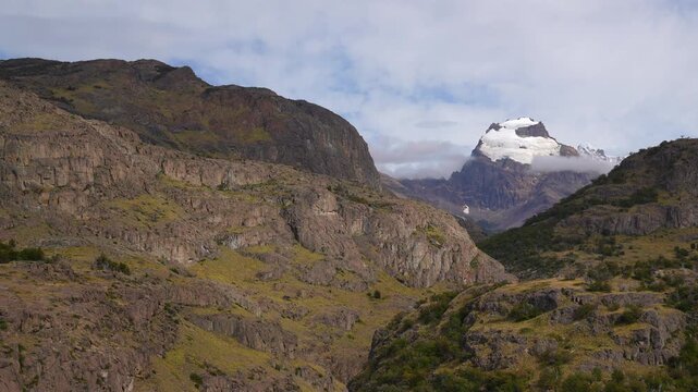 Scenic landscape view of the rugged mountains and snowy peaks in Patagonia, Argentina