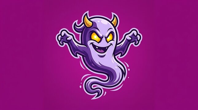 Cartoon purple ghost with yellow horns and glowing eyes on a solid dark purple background with raised against solid floats arms raised