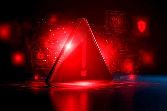 Red Warning Triangle for Cybersecurity Threat and Data Breach Alert with Network Security Icons