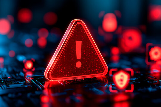 Red Warning Triangle for Cybersecurity Threat and Data Breach Alert with Network Security Icons