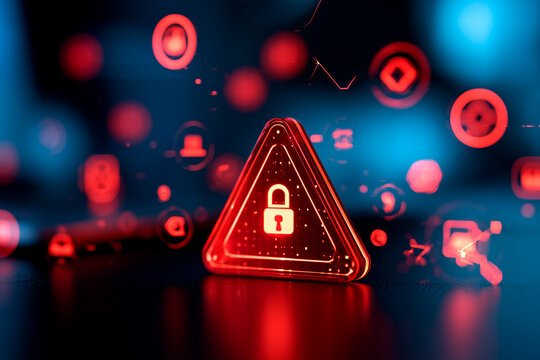 Red Warning Triangle for Cybersecurity Threat and Data Breach Alert with Network Security Icons