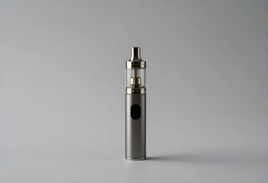 Vaping and e-cigarette health risks, modern vape device for nicotine delivery, smoking cessation alternative on gray background