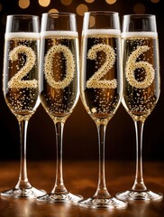 Naklejka premium Four champagne glasses filled with bubbly golden liquid form year 2026. Elegant flutes suggest festive, luxurious New Year celebration. Stand on polished wooden surface against bokeh background.
