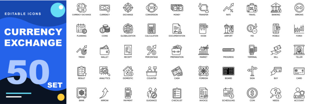 Currency Exchange icon set. Currency, exchange, conversion, money, transfer, rate, travel, banking, arrows, banknotes, coins, globe. Editable icons collection. Vector.